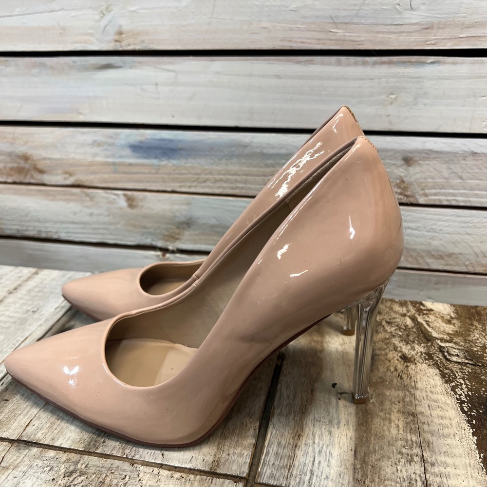 Mix No. 6 Nude Patent Faux Leather Pointed Toe Pumps Clear Lucite Heel 8.5M